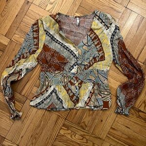 MNG Suit Mango Paisley Blouse Sz S V-Neck Top Long Sleeves Button Front Boho
